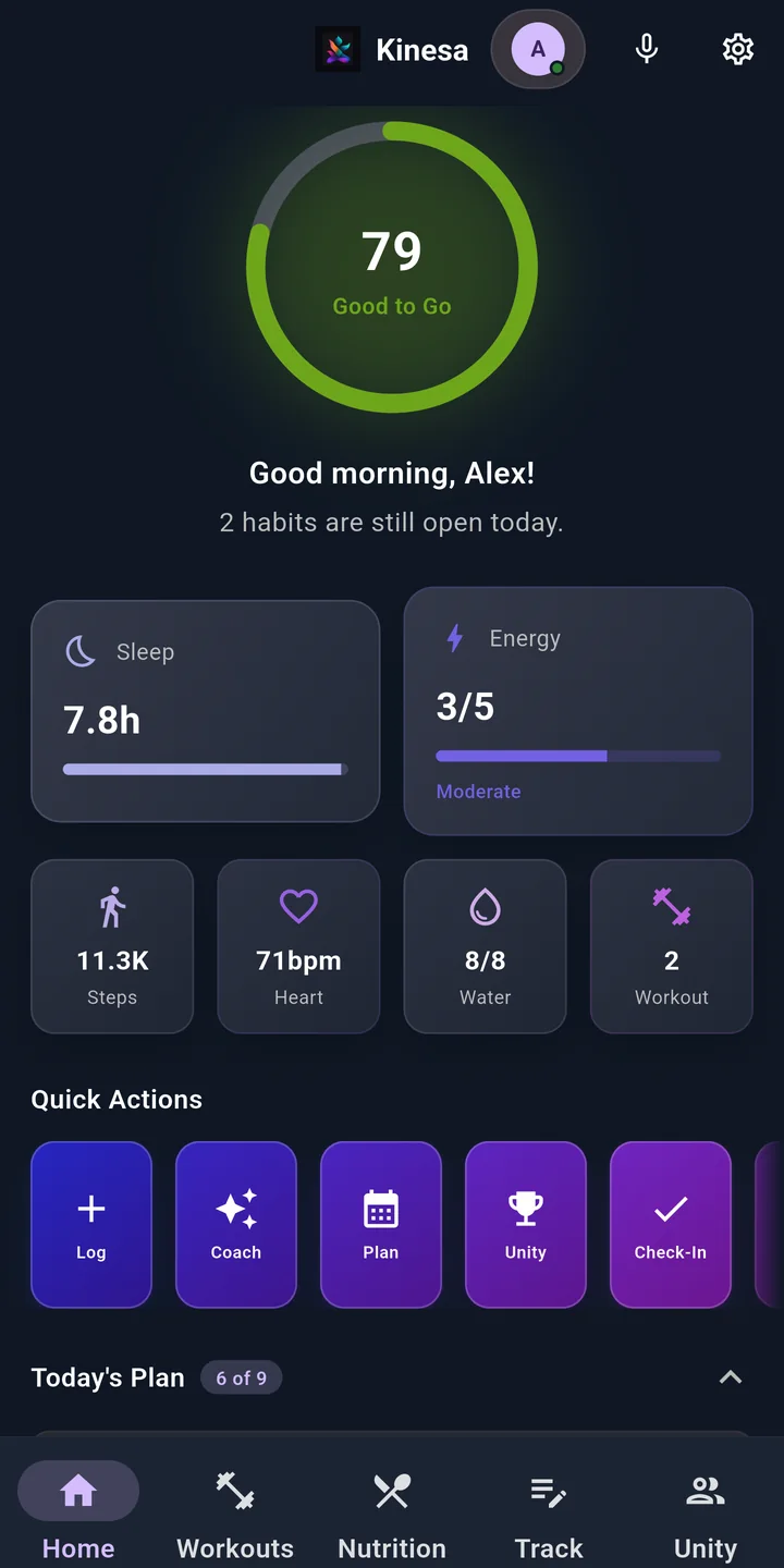 Kinesa home screen showing the daily readiness score, sleep and energy cards, and quick actions