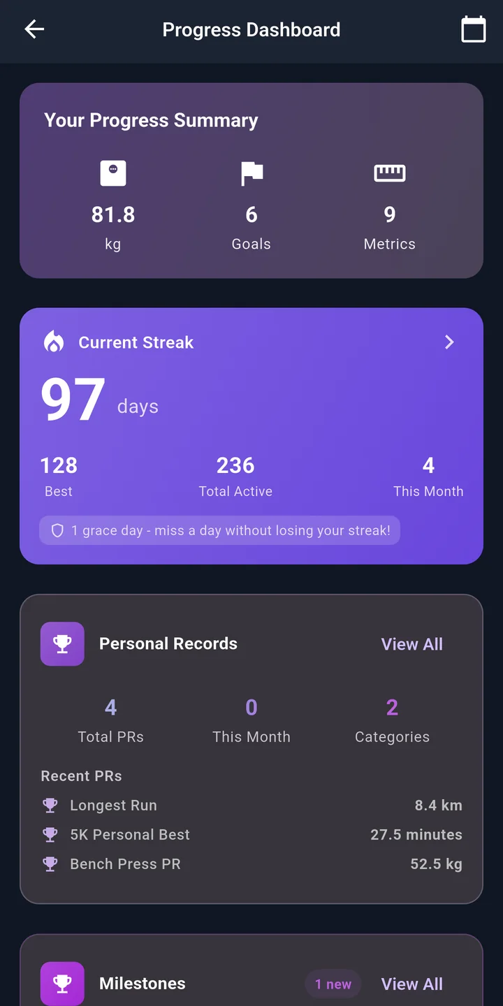 Kinesa progress dashboard showing streaks, personal records and milestones