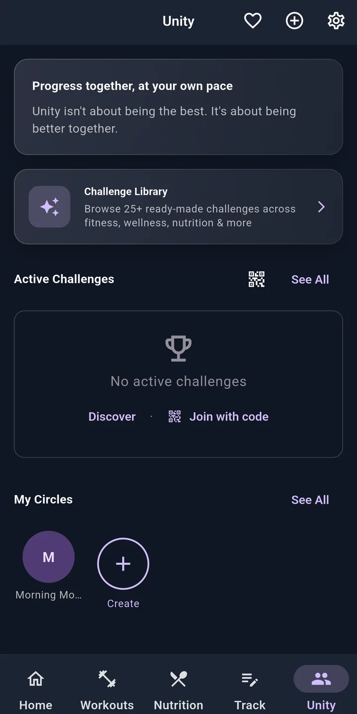 Kinesa Unity screen showing shared challenges and circles