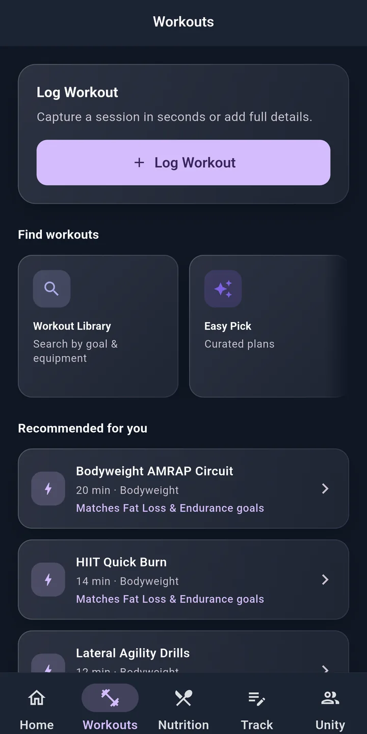 Kinesa workouts screen with a workout library and goal-matched recommendations